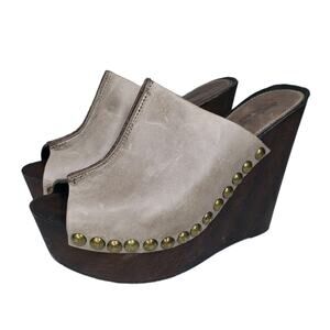 Charles David Recchia Taupe Leather Studded Wedge Platform Mules Size 37 US 6.5